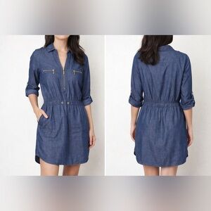 Eighty Eight Dark Blue Premium Denim Shirt Dress Zip Front Long Sleeve Casual